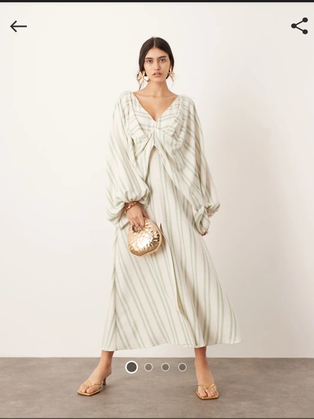 Striped V-Neck Long Sleeve Linen Midi Dress in Cream With Light Green Stripes